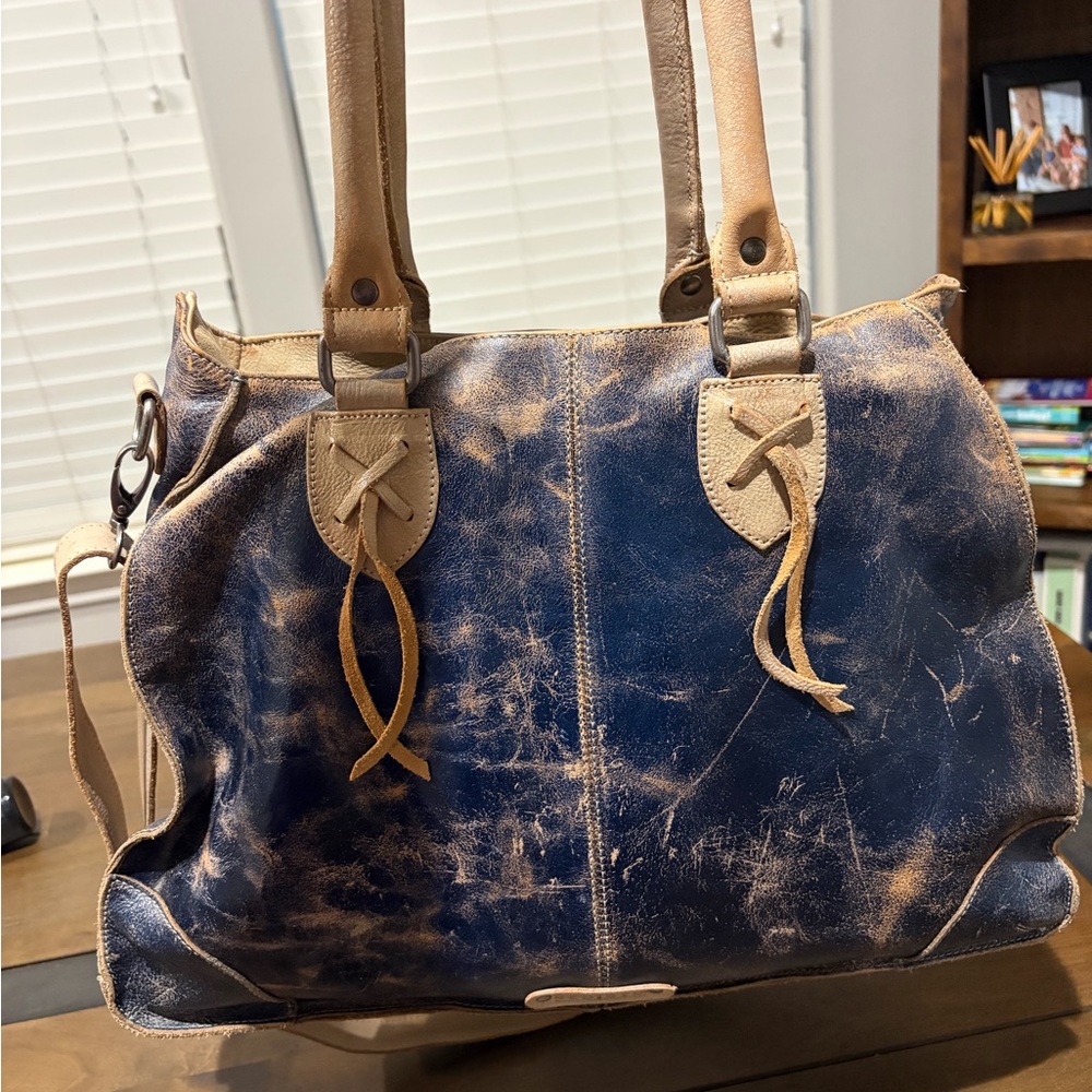 Bed Stu Navy Leather Tote with Tan Cross-Stitch Accents - Picture 2 of 6